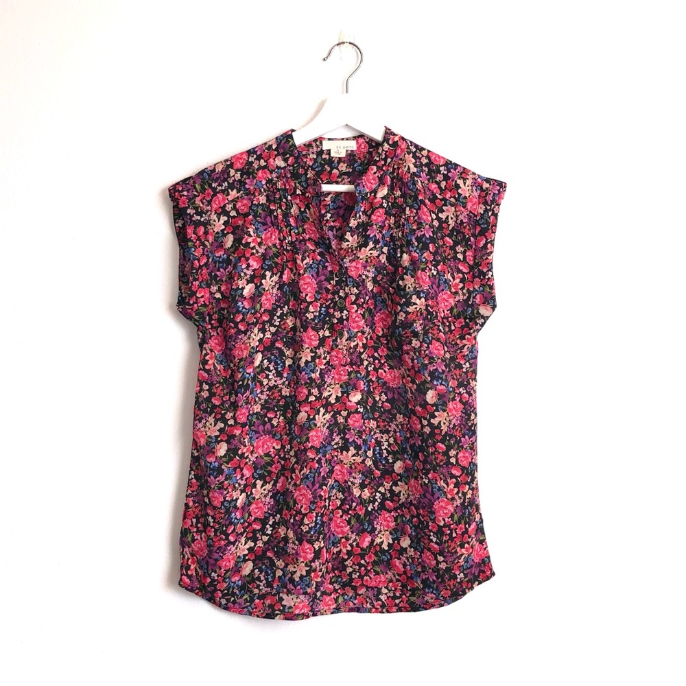 So Perla Pink Multicolor Floral Popover Cap Sleeve Blouse Top Size Small